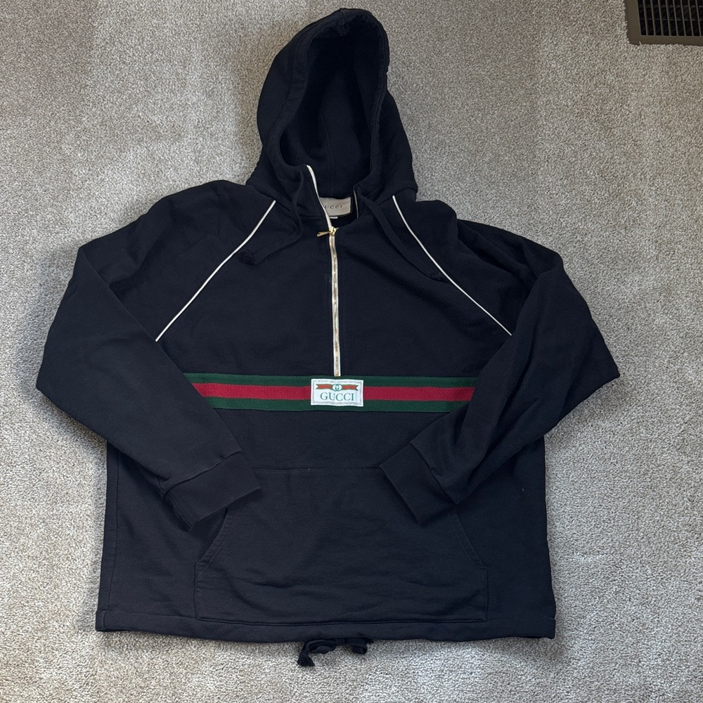 Gucci Black Zip-Up Hooded Sweater with Green and Red Stripes
